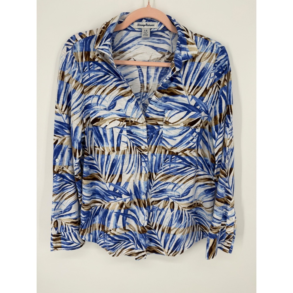 Tommy Bahama Women L Cotton Modal Blue Tropical Palm Leaf Roll Tab Sleeve Top